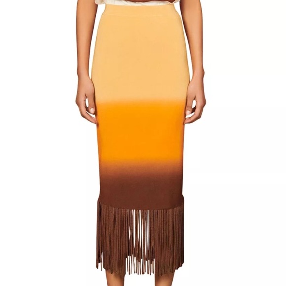 Sandro Aldira Fringe Dip Dye Ombré Festival Midi Column Skirt Brown Tan Orange - Picture 2 of 9